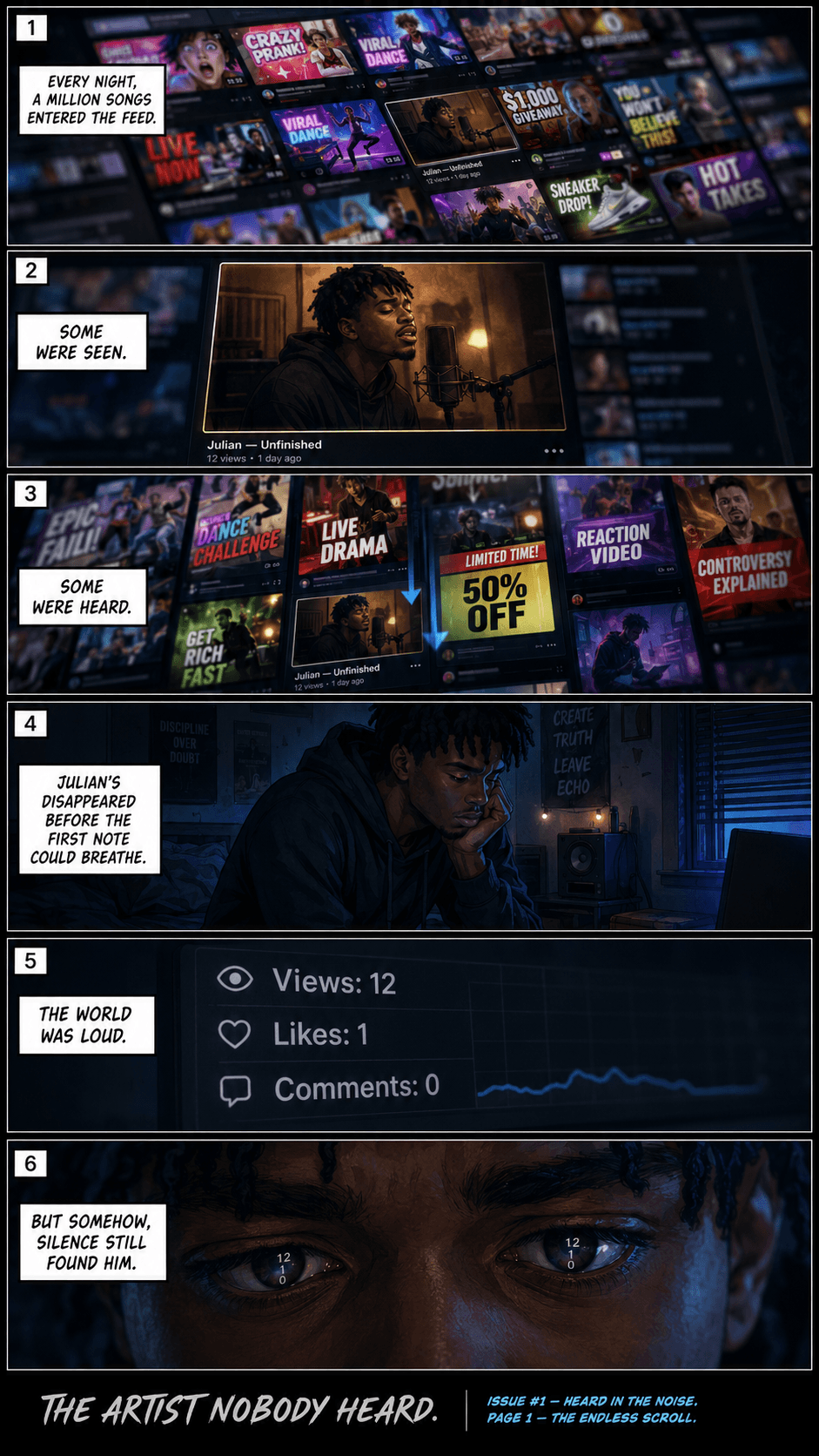 Comic page 1, The Endless Scroll: Julian watches an endless stream of social media posts while trying to make his music heard.