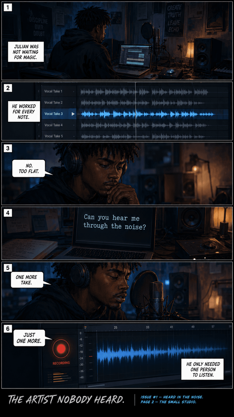 Comic page 2, The Small Studio: Julian works alone on his music in a small home studio.