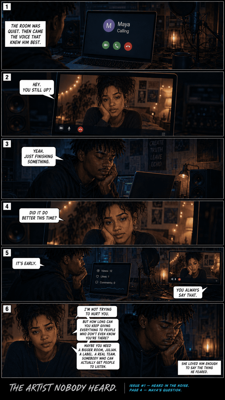 Comic page 4, Maya's Question: Maya asks Julian a difficult question about his art and audience.