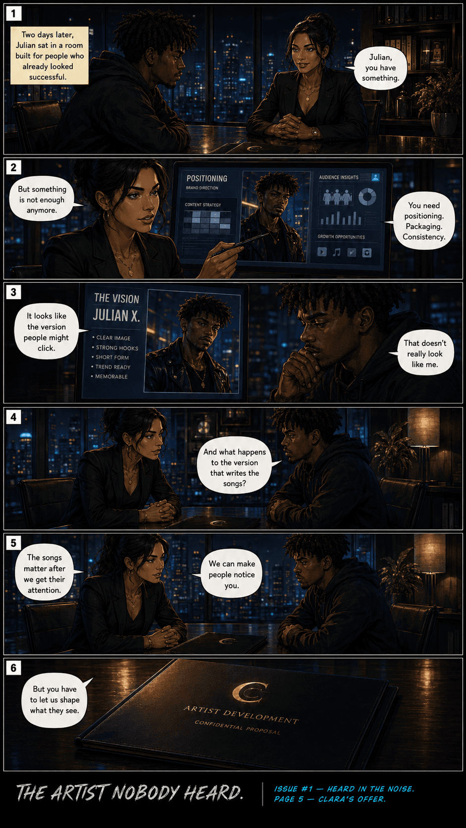 Comic page 5, Clara's Offer: Clara presents Julian with an opportunity shaped by outside expectations.