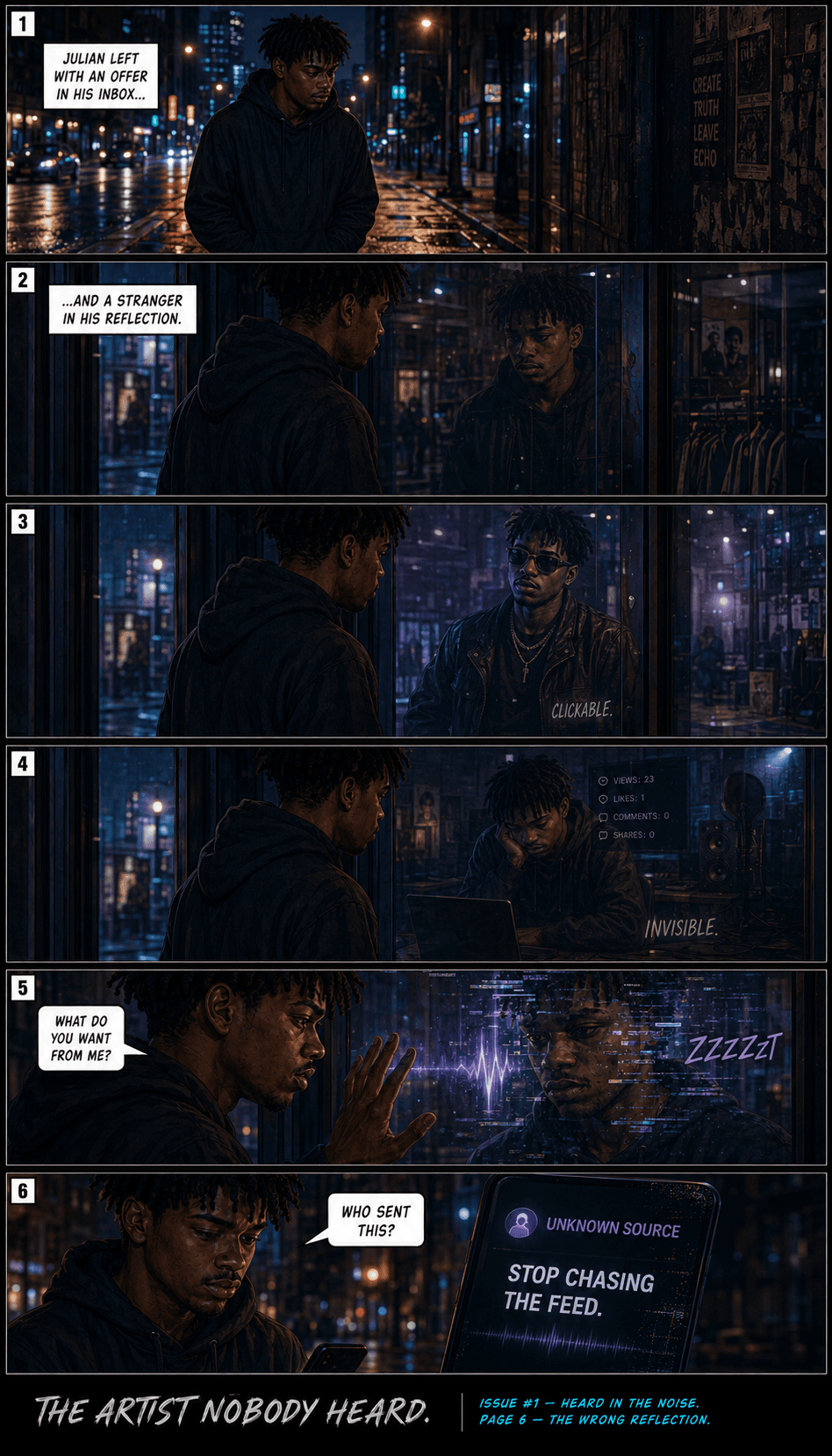 Comic page 6, The Wrong Reflection: Julian sees a version of himself that no longer feels true.