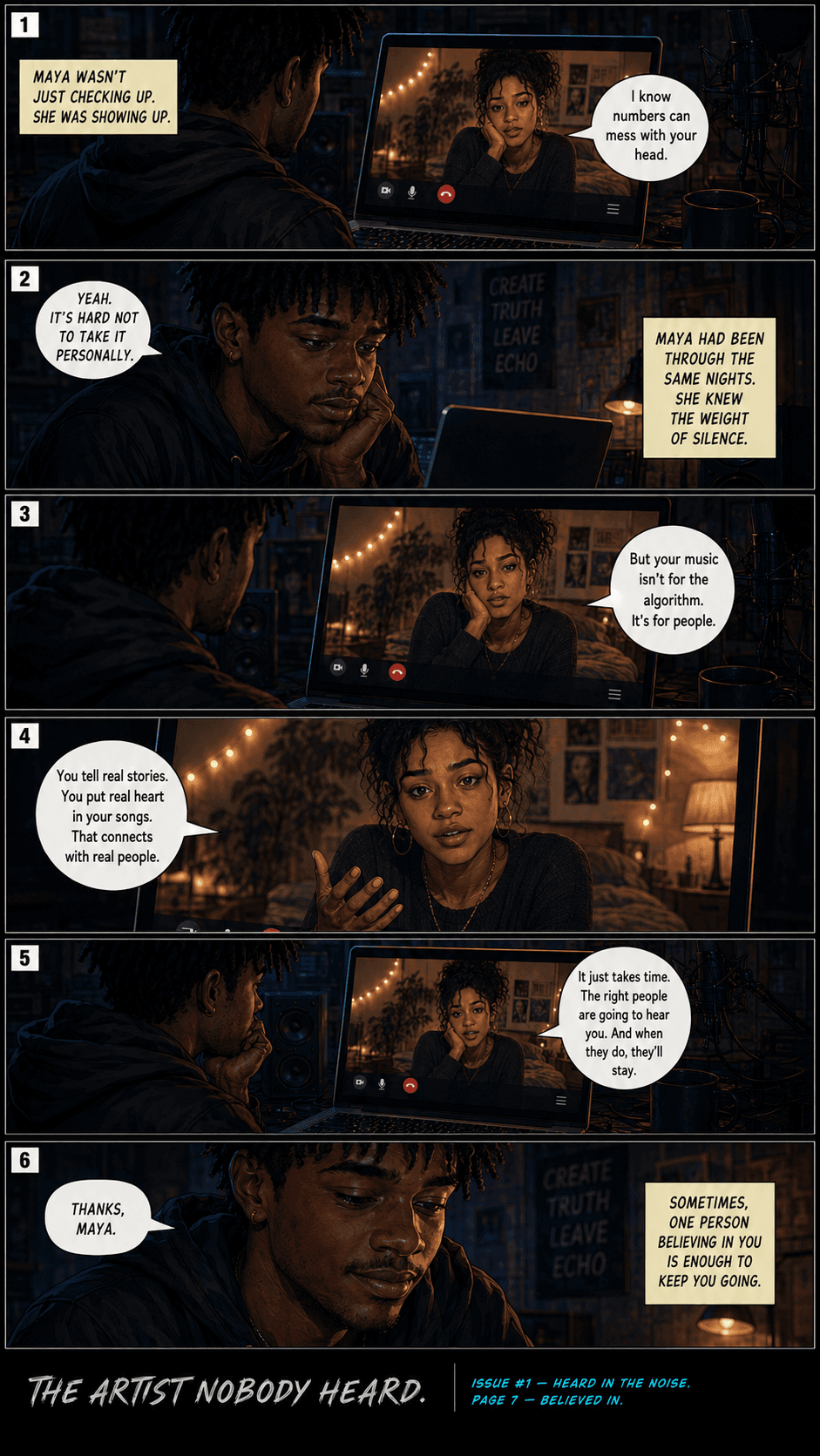 Comic page 7, Believed In: Julian recognizes the importance of having someone believe in his art.