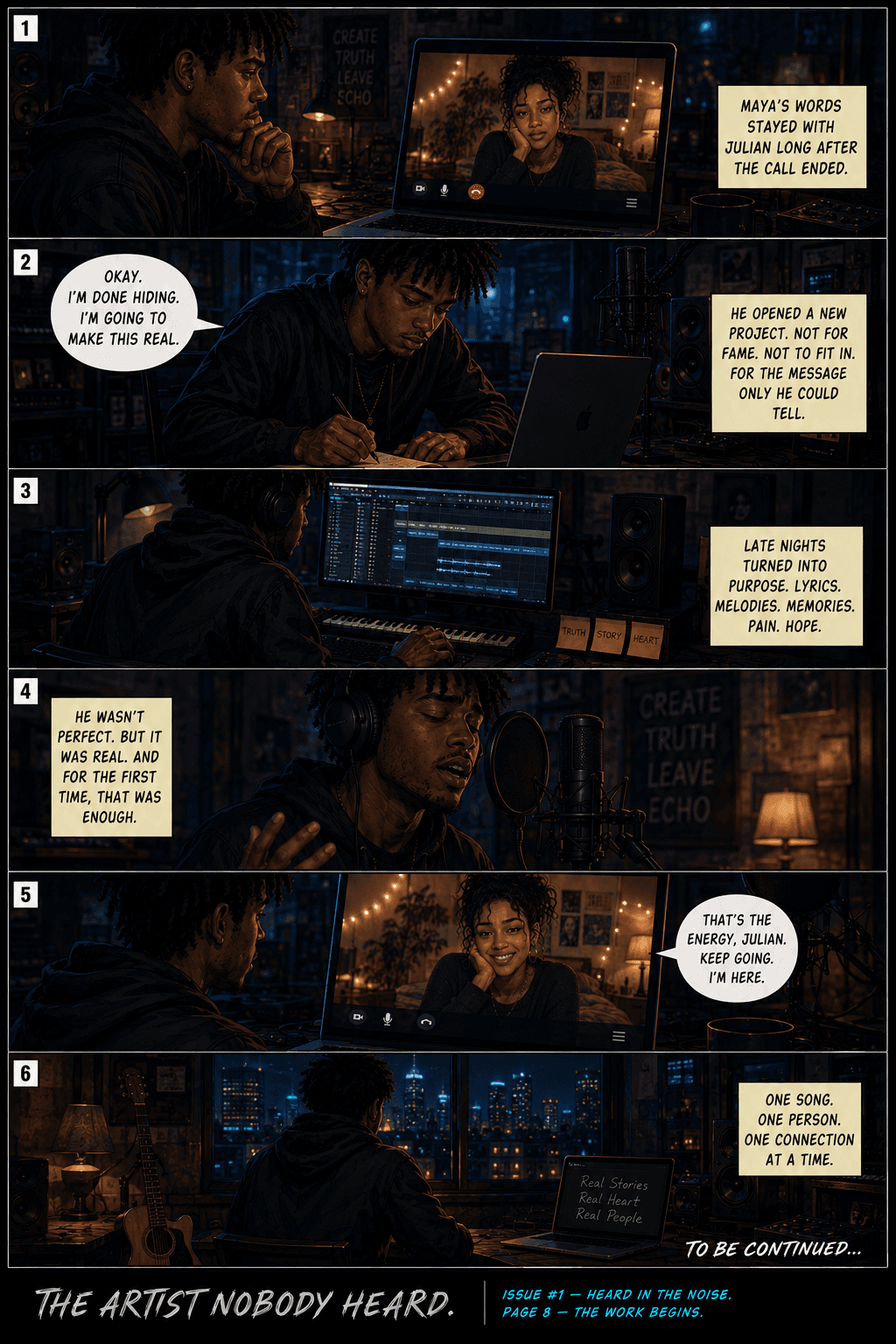 Comic page 8, The Work Begins: Julian starts building a lasting home for his art beyond the feed.