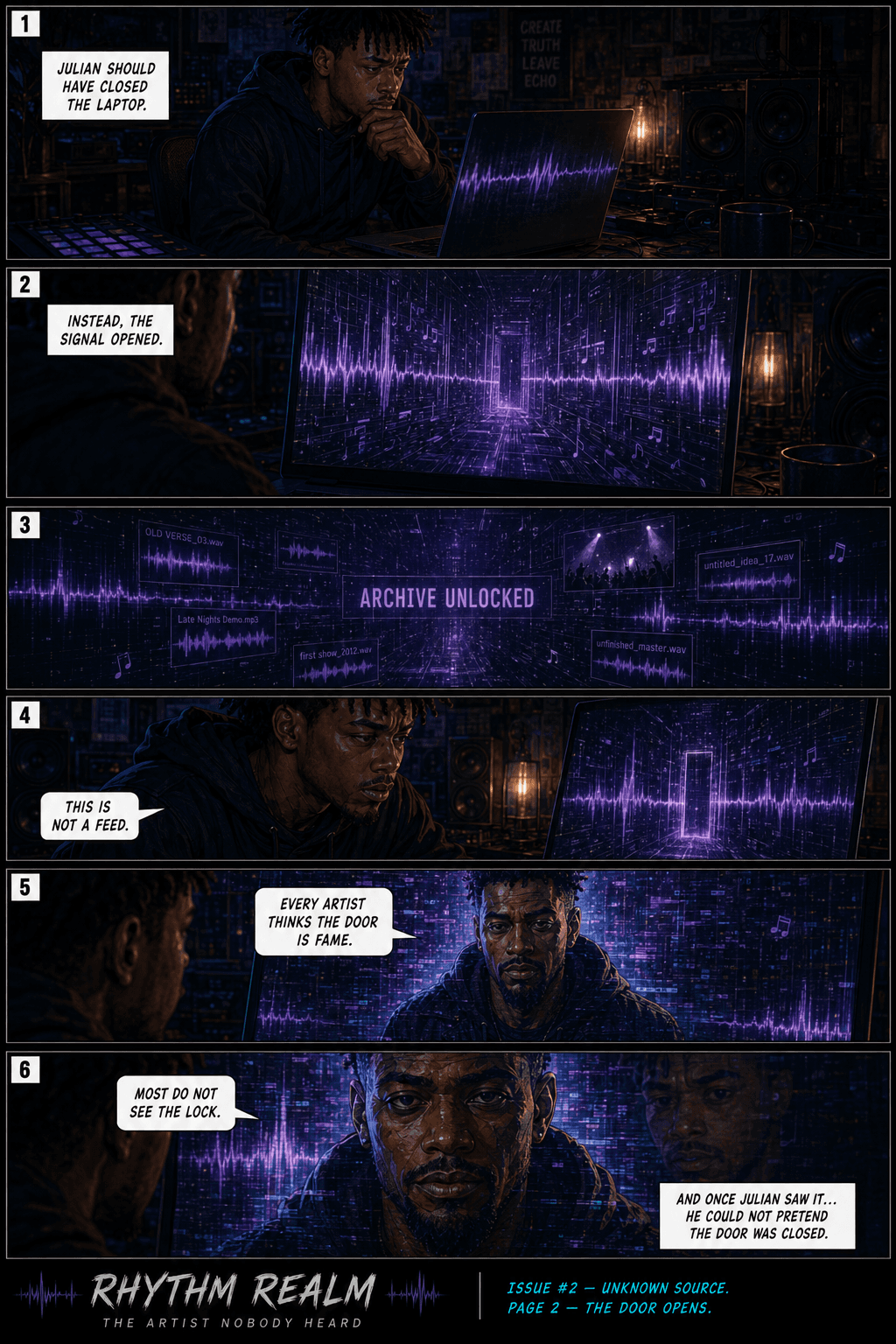 Comic page 2, The Door Opens: A digital doorway opens and SYPHER begins to appear.