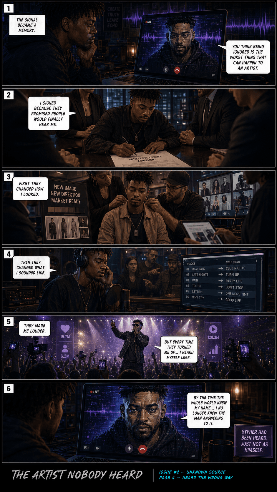 Comic page 4, Heard the Wrong Way: SYPHER shows Julian how the industry reshaped his identity and music.