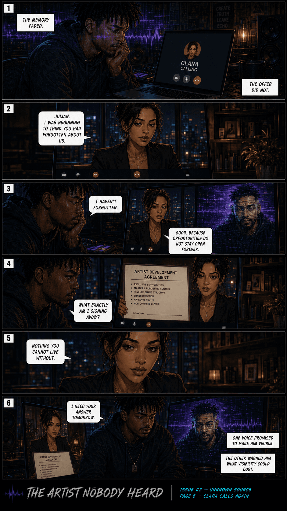 Comic page 5, Clara Calls Again: Clara calls Julian and gives him a deadline on the artist-development offer.