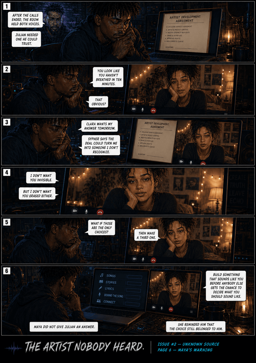 Comic page 6, Maya's Warning: Maya reminds Julian that visibility is not worth being erased.