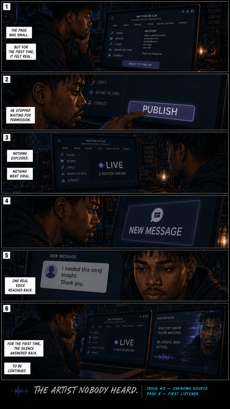 Comic page 8, First Listener: Julian receives a meaningful message from his first real listener.