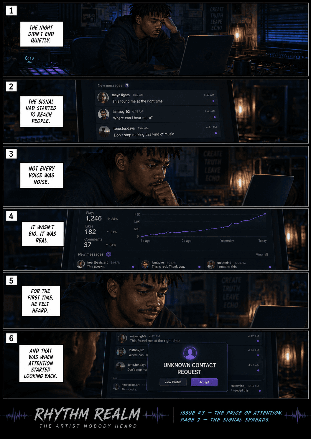 Comic page 1, The Signal Spreads: Julian watches his music begin spreading online as new listeners discover the signal.