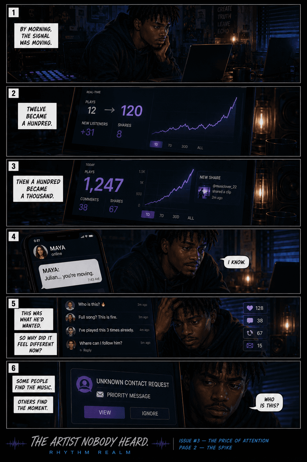 Comic page 2, The Spike: Julian sees plays and engagement rise rapidly as unexpected attention begins arriving.
