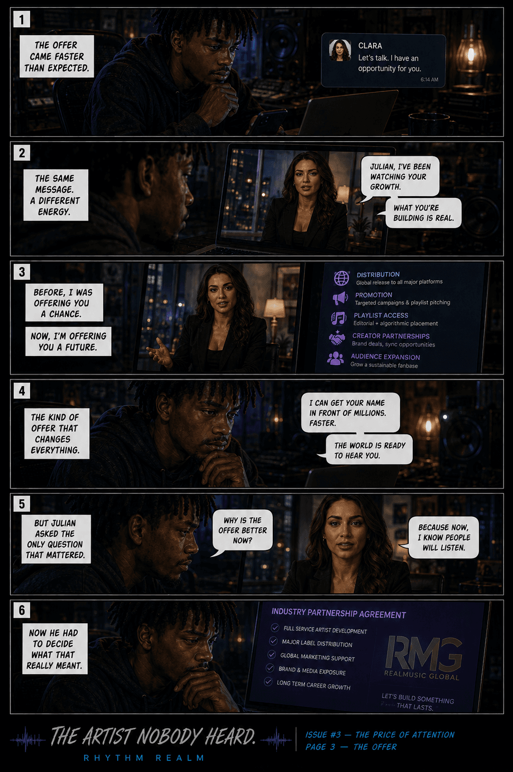 Comic page 3, The Offer: Clara presents Julian with a larger music-industry opportunity as his audience grows.