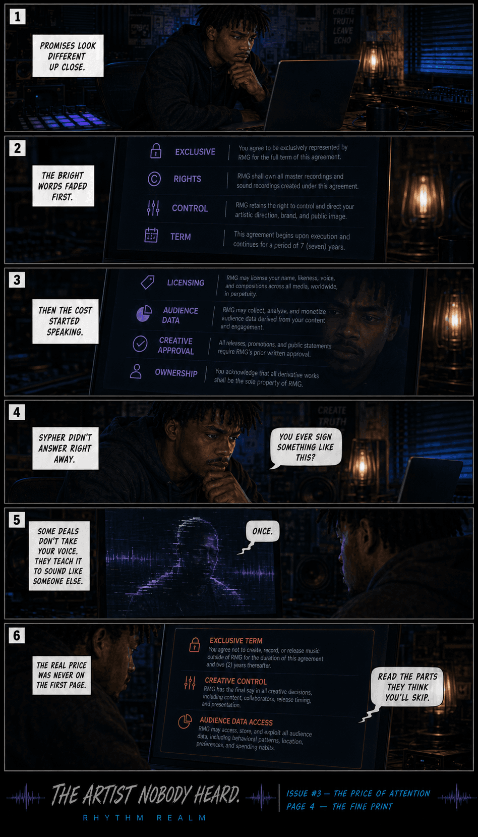 Comic page 4, The Fine Print: Julian examines the opportunity's terms and considers what success may cost.