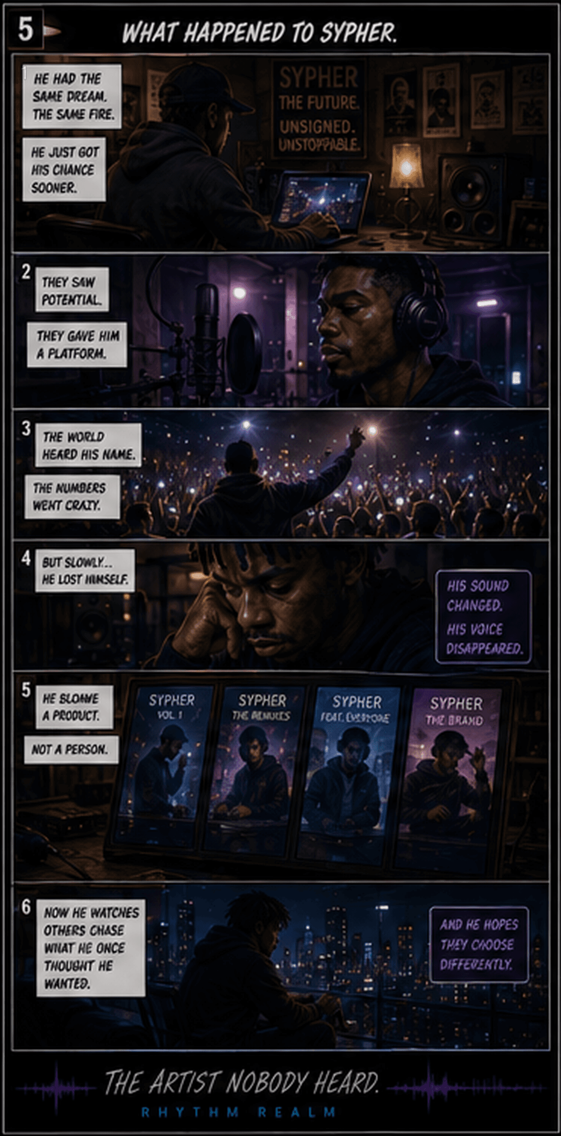 Comic page 5, What Happened to SYPHER: SYPHER's past shows how industry success cost him control of his music and identity.