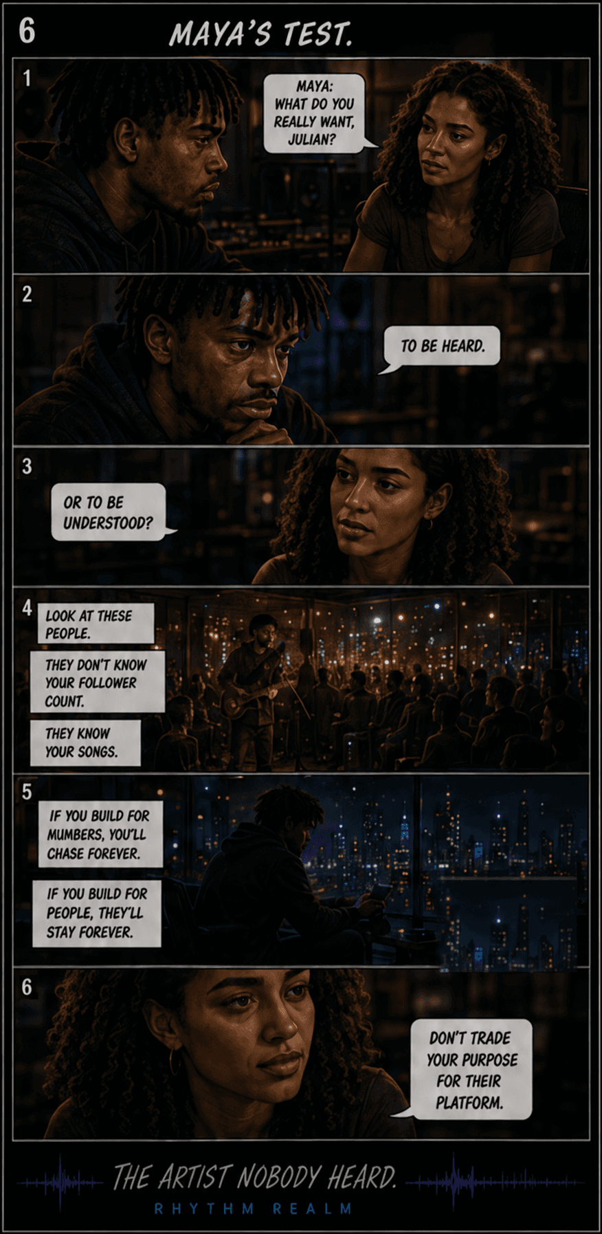 Comic page 6, Maya's Test: Maya challenges Julian to choose lasting listener connection over chasing numbers.