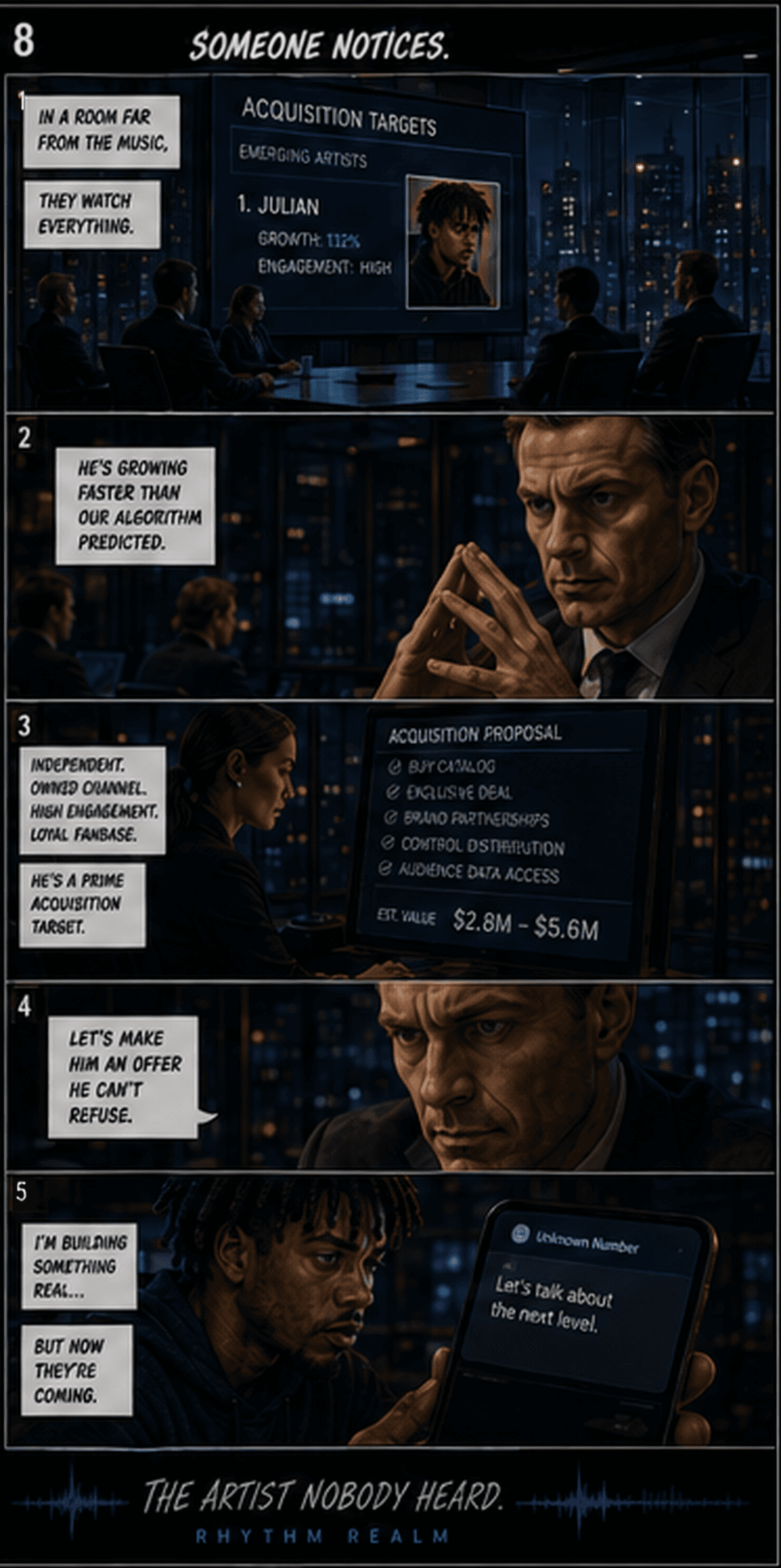 Comic page 8, Someone Notices: Industry executives notice Julian's independent growth and prepare to approach him.