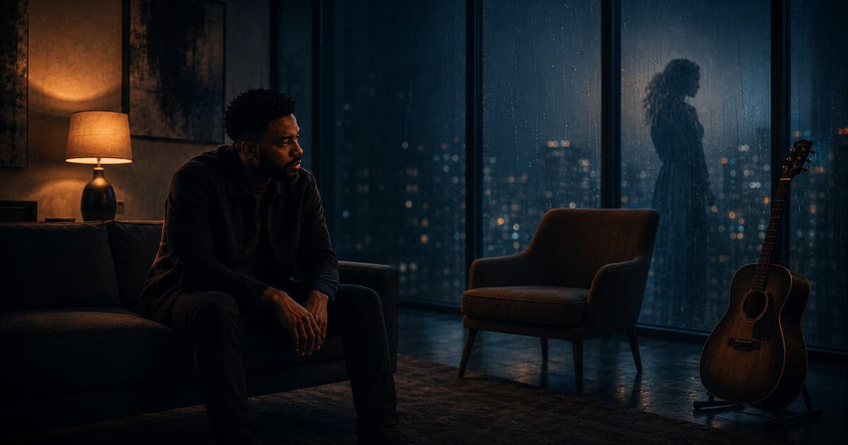 Andre Washington sits alone in a dim blue-and-amber room beside an empty chair and acoustic guitar, with a distant fading silhouette suggesting memory and separation.